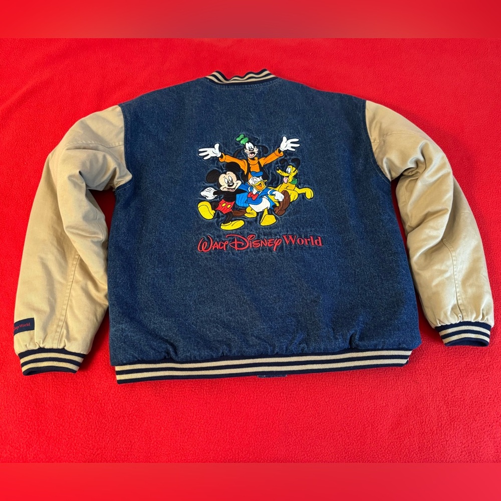 Disney vintage 90s Kids Size XL 14-16 Varsity Denim Bomber Jacket Mickey Goofy
